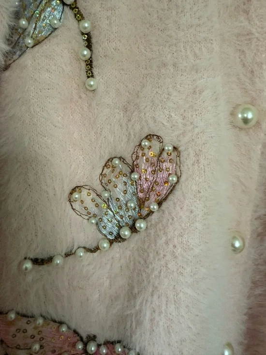 Hand Embroidered Sequin Pink Embellished Butterfly Fuzzy Cardigan Sweater NWOT - Picture 4 of 16